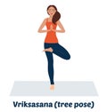 Vector illustration on white background. The girl practices yoga. A yogi stands in a tree pose. Asana on balance