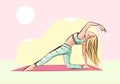 Girl practicing yoga or doing exercise or dancing. Colourful, cartoon, vector art