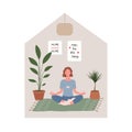 Girl practicing yoga and enjoying meditation at home. Stay home concept Royalty Free Stock Photo