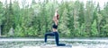 girl  practicing yoga in the nature on the lake. Female happiness. Landscape background,  Panoramic view Royalty Free Stock Photo