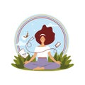 Girl practicing yoga outdoors on landscape background, round icon isolated. The concept of relaxing the mind, student