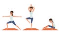 Girl Practicing Yoga Set, Slim Young Woman in Sports Clothes Posing Different Yoga Asanas Cartoon Vector Illustration