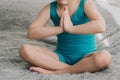 The girl prays in the morning. Morning prayer for a child. Girl meditates in silence Royalty Free Stock Photo