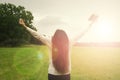 The girl prays to God lifting up hands up. Sunrise Royalty Free Stock Photo