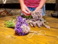 Girl prepare aromatical medicinal herbs for bedrooms. Nice bunch