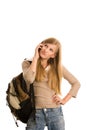 Girl preparing to school using cell phone Royalty Free Stock Photo