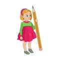 Girl preschooler in dress holds big pencil. Little artist. Vector Isolated Character Royalty Free Stock Photo