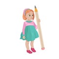 Girl preschooler in dress holds big pencil. Little artist. Vector Isolated Character Royalty Free Stock Photo