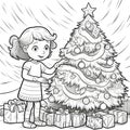 A girl, presents and a Christmas tree. Black and white coloring sheet. Xmas tree as a symbol of Christmas of the birth of the