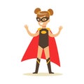 Girl Pretending To Have Super Powers Dressed In Black Superhero Costume With Red Cape And Mask Smiling Character