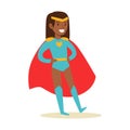 Girl Pretending To Have Super Powers Dressed In Blue Superhero Costume With Red Cape And Diadem Smiling Character