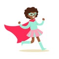 Girl Pretending To Have Super Powers Dressed In Pink And BLue Superhero Costume With Cape And Mask Smiling Character