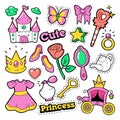 Girl Princess Badges, Patches, Stickers - Crown, Castle, Heart, Ring in Pop Art Comic Style