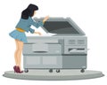 Girl prints documents on printer. Office work. Woman using copy machine. Illustration for internet and mobile website