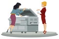 Girl prints documents on printer. Office work. Woman using copy machine. Illustration for internet and mobile website