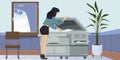 Girl prints documents on printer. Office work. Woman using copy machine. Illustration for internet and mobile website