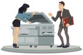 Girl prints documents on printer. Office work. Woman using copy machine. Illustration for internet and mobile website