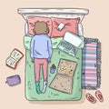 Girl procrastinating on the bed. Mess at home. Comic style image. Top view Royalty Free Stock Photo