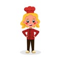 Girl Professional Chef Character, Cute Kid in Red and Black Uniform and Hat Cartoon Style Vector Illustration