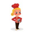 Girl Professional Chef Character Holding Saucepan and Ladle, Cute Kid in Uniform and Hat Cooking Tasty Dish Cartoon