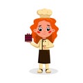 Girl Professional Confectioner Character Holding Tray with Cake Dessert, Side View of Cute Chef Kid in Uniform and Hat