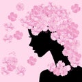 Girl profile with cherry flowers background Royalty Free Stock Photo