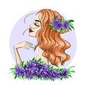 Girl profile with red waved hair and flowers