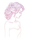 Girl in profile with wedding hair style with flowers, hand drawn sketch vector outline illustration