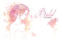 Girl in profile with wedding hair style with flowers, hand drawn sketch vector outline illustration