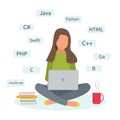 Girl programmer is studying programming languages on online courses at home. The woman works at the laptop. Student