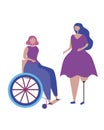 A girl with a prosthetic leg and a European woman in a wheelchair isolated on white background, a vector stock illustration as a Royalty Free Stock Photo