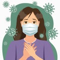 Girl in protective face mask. Protection against coronavirus. Woman in fear because of the covid 19. Vector Illustration