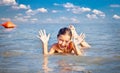 Girl on the public beach Strand at Danube river in Novi Sad. Royalty Free Stock Photo