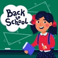 Girl pupil in front of blackboard. Happy child holding book and speech bubble with back to school text. Flat style Royalty Free Stock Photo