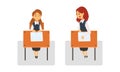 Girl Pupil or Student Sitting at Desk Having School Lesson Front View Vector Set