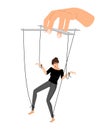 Girl puppet. Woman control violence, puppets marionette hand manipulation, people abused vector illustration, patriarchy