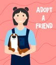 Girl with a puppy in her arms. Adopt a friend. Vector illustration with animals.