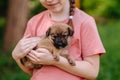 A girl with a puppy in her arms - best friend and companion, animal care Royalty Free Stock Photo