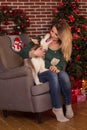 Girl with puppy of husky dog near Christmas tree Royalty Free Stock Photo