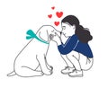 Girl with puppy. Pretty dog and little girl commumion, cute happy kid hugging pet, children love pets friendship