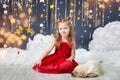 Girl with a puppy in a studio with a gold stars decor Royalty Free Stock Photo