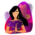 A girl on a purple background folded her hands in a namaste position. Vector illustration of yoga practice Royalty Free Stock Photo