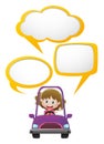 Girl in purple car with three speech bubbles