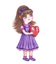 Girl in a purple dress with a heart in her hands, watercolor illustration Royalty Free Stock Photo