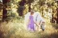 Girl in purple dress hugging white unicorn horse. Dreams come tr Royalty Free Stock Photo