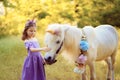 Girl in purple dress with wreath of a unicorn in hair hugging white unicorn horse. Dreams come true. Fairy tale Royalty Free Stock Photo