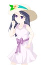 Girl purple eyes and hair with pink ribbon, pink dress, yellow hat with flower sun on her hat Royalty Free Stock Photo