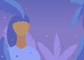 Girl with purple hair in blueberry jungle at night. Flat illustration with copy space. Tender background 2d picture for