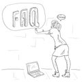 A girl pushes a cube with the word FAQ an isolated contour drawing for the design of web pages and mobile applications