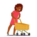 Girl Pushing A Supermarket Trolley , Little Black Child Character Browsing Aisles, Carefully Selecting Items, Vector Royalty Free Stock Photo